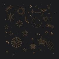 elementos místicos y celestiales con estrellas, planetas, lunas y manos. elementos cósmicos del zodiaco estrellado. diseño vectorial oculto y esotérico. vector