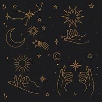 Mystical and Celestial elements with stars, planets, moons and hands. Cosmic starry zodiac elements. Occult, Esoteric vector design.