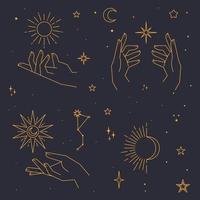 elementos místicos y celestiales con estrellas, planetas, lunas y manos. elementos cósmicos del zodiaco estrellado. diseño vectorial oculto y esotérico. vector