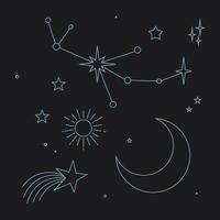 Mystical and Celestial elements with stars, planets, moons and hands. Cosmic starry zodiac elements. Occult, Esoteric vector design.