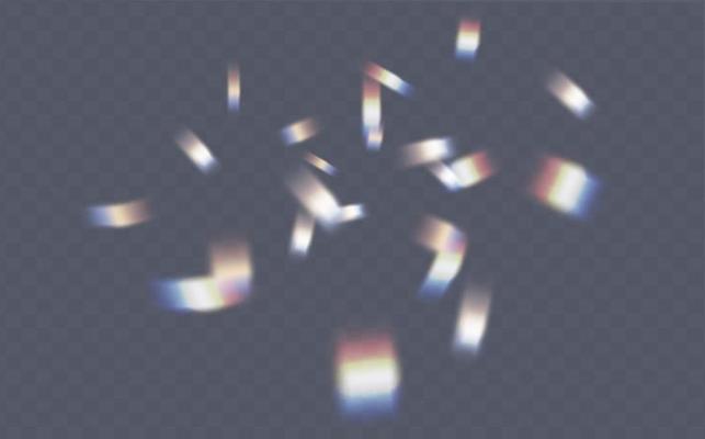 Rainbow highlights on a black background.Glare or reflection from water and glass.Glittering  particles for social media backgrounds, product presentations, photo shots.