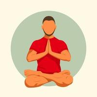 Illustration of a man in a faceless style, sitting in a lotus position with namaste hands vector