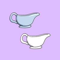 A set of icons, a small ceramic saucepan, a vessel for cream, milk, a vector illustration in cartoon style on a colored background