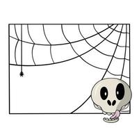 Square decorative frame with spider web, skull with tongue, licking, copy space, vector illustration in cartoon style