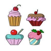 A set of icons, colorful delicious cupcakes with delicate fruit and chocolate cream and berries, vector illustration in cartoon style on a white background