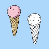 Set of icons, Pink fruit cold ice cream in a waffle cone with chocolate chips, vector illustration in cartoon style on a colored background