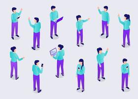 people set collection with various work position use laptop and smartphone with modern isometric style vector
