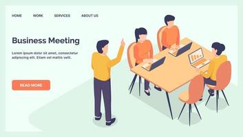 business meeting teamwork discuss planning strategy for website landing homepage with isometric style vector