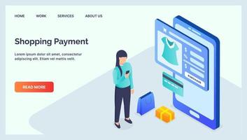 online shopping mobile payment for website template landing homepage with modern isometric flat vector