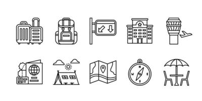 Travel icon set suitcase backpack traffic sign compass hotel navigation plane passport camping cafe with outline style.b vector