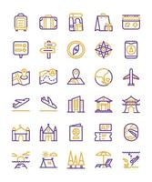 travel icon set suitcase airplane hotel beach restaurant backpack sunset summer hiking with outline style flat design. vector