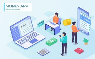 mans and woman doing the tasks given the money app by using laptops for business investment with modern flat isometric cartoon illustration vector
