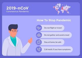 how to stop corona virus covid-19 with some instructional list for banner poster and doctor give advice vector