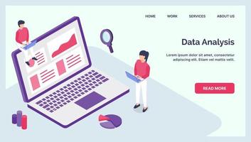 data analysis business graph and chart with laptop for website landing homepage with isometric style vector