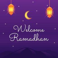 Welcome ramadhan template crescent moon hanging lantern spread star in the night modern flat cartoon style vector