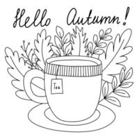 Hello autumn vector coloring page with cup of tea and autumn leaves. Cute coloring page for children and adults with cup of tea