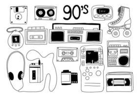 Conjunto de ilustración de objetos de doodle retro de los 90. Boombox dibujado a mano vectorial, reproductor de discos, patines, reproductor de casetes, buscapersonas, disquete aislado vector