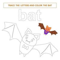 Trace the letters and color the bat.Game for kids. vector