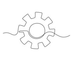 Gear wheel in motion symbol technology, continuous one line drawing. Moving cog gear mechanism for business work concept. Contour single outline. Vector illustration