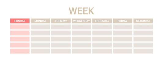 Planner on week, template chart daily schedule on one page. Weekly English organizer, planner template. Vector illustration