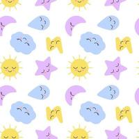 Sleepy nature weather kid pattern with cute face toy sun, moon month, star, cloud, drop and lightning for baby design. Seamless background for childish fabric, textile, print sign. Kids sleep. Vector