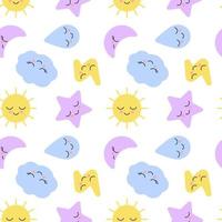 Sleepy nature weather kid pattern with cute face toy sun, moon month, star, cloud, drop and lightning for baby design. Seamless background for childish fabric, textile, print sign. Kids sleep. Vector