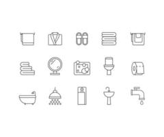 Bathroom and toilet line icon set. Plumbing and accessories. Shower, sink, water tap, bath, toilet, mirror, toilet paper, towel, slippers, bathrobe. Sanitary zone in interior. Vector outline sign