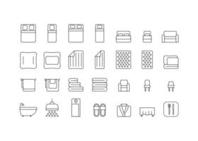 Bedroom and bathroom line icon set. Single and double bed, cushion, blanket, pillow, mattress, sofa, shower, bath, accessories. Furniture for interior, plumbing, house textile. Vector outline sign