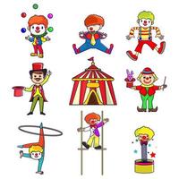 conjunto de elementos de animales de circo. payasos de circo malabarismo de payaso de dibujos animados, disfraz de nariz de payaso divertido con globo, cara de payaso riendo. conjunto de iconos aislados de ilustración vectorial vector