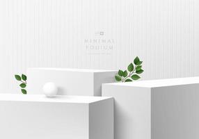 Abstract 3D background, Realistic white, gray steps cube box stand podium or desk set with green leaf. Minimal wall scene for mockup product display. Vector geometric forms. Round stage for showcase.