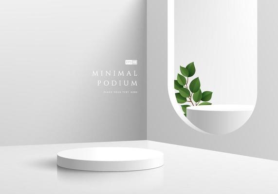 Abstract 3D background, Realistic white and gray cylinder pedestal podium in arch window and green leaf. Minimal wall scene for mockup product display. Vector geometric forms. Round stage showcase.