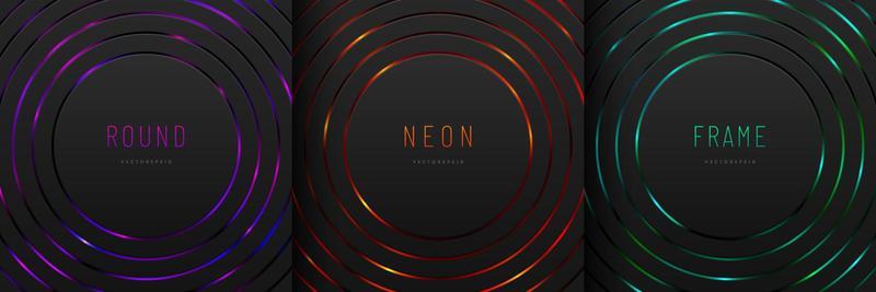 Set of radial circle black pattern on glowing red, blue, green neon abstract background in technology style. Modern futuristic geometric round shape design. You can use for cover template, poster.