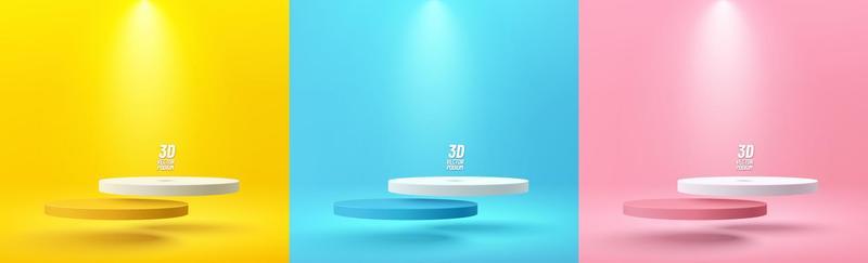 Set of yellow, blue, pink, white realistic 3d cylinder steps pedestal podium floating on air. Abstract background vector render geometric forms. Minimal scene. Stage showcase, Mockup product display.