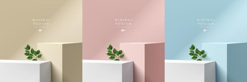 Set of abstract 3D background with beige, blue, pink realistic steps cube box stand podium. Green leaf decorate. Vector rendering geometric form. Mockup product display. Minimal scene. Stage showcase.