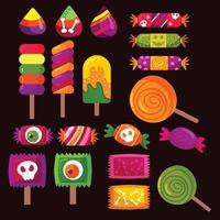 conjunto de coloridos dulces de halloween. lollipop, dulce, toffee, maíz dulce, gelatina, ilustraciones de vectores de caramelo.