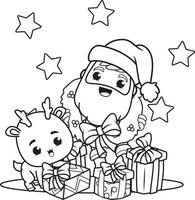 coloring book christmas with santa claus and cute deer vector