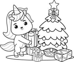 coloring book christmas with cute unicorn vector