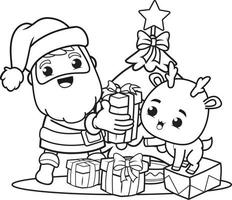 coloring book christmas with santa claus and cute deer vector