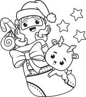 coloring book christmas with santa claus and cute deer vector