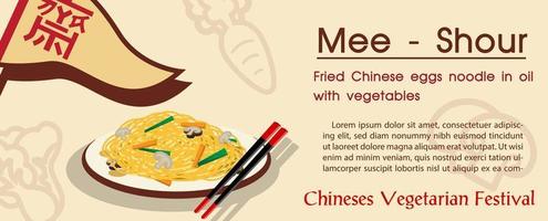 comida vegana china con el nombre y textos de ejemplo, una cosecha de bandera triangular y diseño de redacción del festival vegetariano chino sobre fondo marrón claro. vector