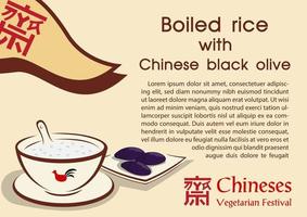 Chinese vegan food with the name and example texts, triangle flag and wording design of Chinese Vegetarian Festival on light brown background. Chinese letters is mean worship Buddha in English vector