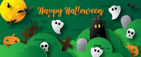 Halloween cute ghosts party in a graveyard scene with green clouds. Happy Halloween greeting card in paper cut style and web banner design and green background. vector