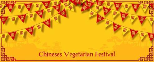 Chinese vegetarian festival triangle flag on landscape Chinese ancient building view with decorated frame and yellow background. Chinese letters is meaning Fasting for worship Buddha in English. vector