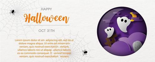 lindos fantasmas de halloween con nubes nocturnas en bolas de cristal. feliz tarjeta de felicitación de halloween en estilo de corte de papel y diseño de banner web con textos de ejemplo en patrón de papel y fondo blanco. vector