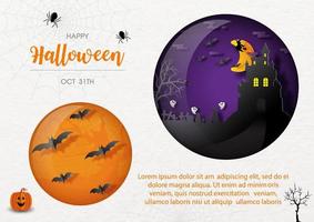 Night scene of Halloween castle and graveyard with flock of bats flying in glass balls. Halloween greeting card in paper cut design with example texts on paper pattern and white background. vector