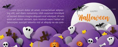 fiesta de fantasmas lindos de halloween en una escena de cementerio con nubes violetas y luna gigante, textos de ejemplo en estilo de corte de papel y diseño de banner web en violeta y fondo de patrón de papel. vector