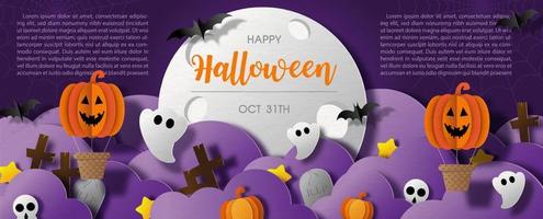 fiesta de fantasmas lindos de halloween en una escena de cementerio con nubes violetas y luna gigante, textos de ejemplo en estilo de corte de papel y diseño de banner web sobre fondo violeta oscuro. vector