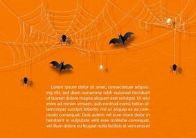 Black spider with spider web and bats flying in paper cut style, example texts on orange paper pattern background. vector