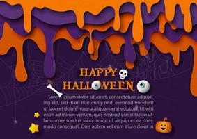 cerrar y recortar la sangre malvada desplegable en capas y estilo de corte de papel con letras de feliz halloween, signo de halloween y textos de ejemplo sobre telaraña y fondo morado oscuro. vector