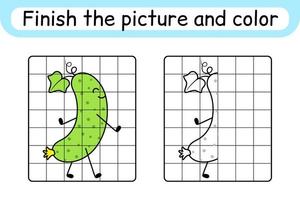 Complete the picture cucumber. Copy the picture and color. Finish the image. Coloring book. Educational drawing exercise game for children vector